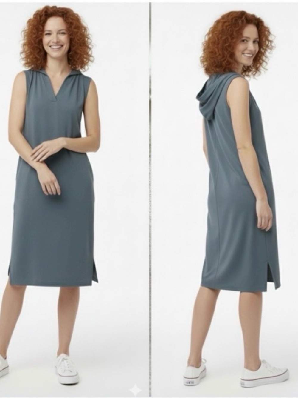 PACT Sleeveless Midi Hooded Dress in Slate Blue